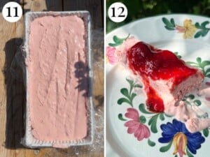 Two photos in a collage showing the strawberry semifreddo in a loaf pan then a slice on a plate topped with strawberry sauce.