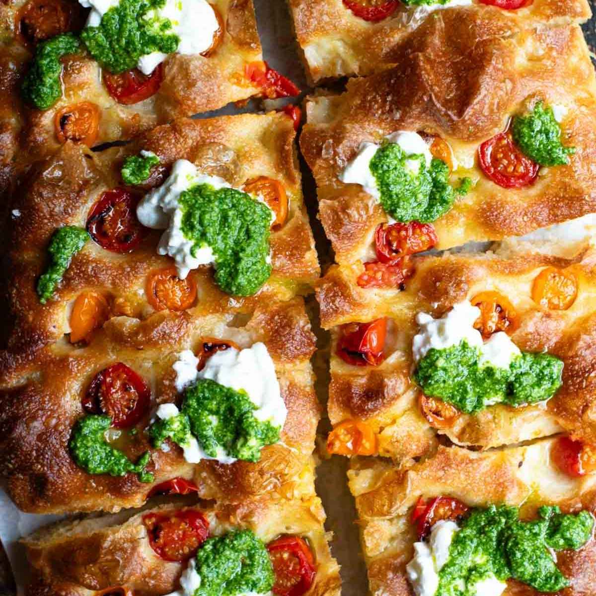Tomato Focaccia with Pesto and Burrata