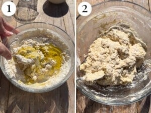 Two photos in a collage showing water and oil being added to focaccia dough in a bowl to make a sticky dough.