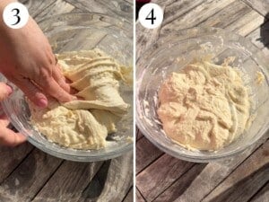Two photos in a collage showing how to perform a stretch and fold.