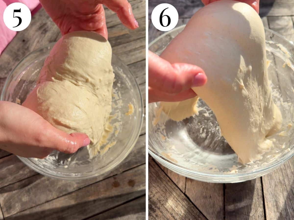 Two photos in a collage showing how to preform a coil fold on focaccia dough.