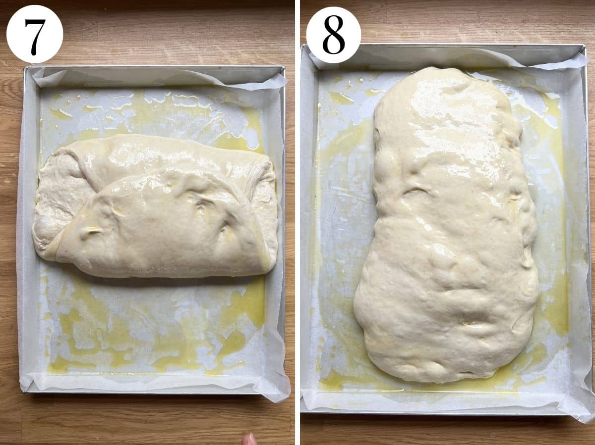 Two photos showing how to shape focaccia in a tray before the second proof.