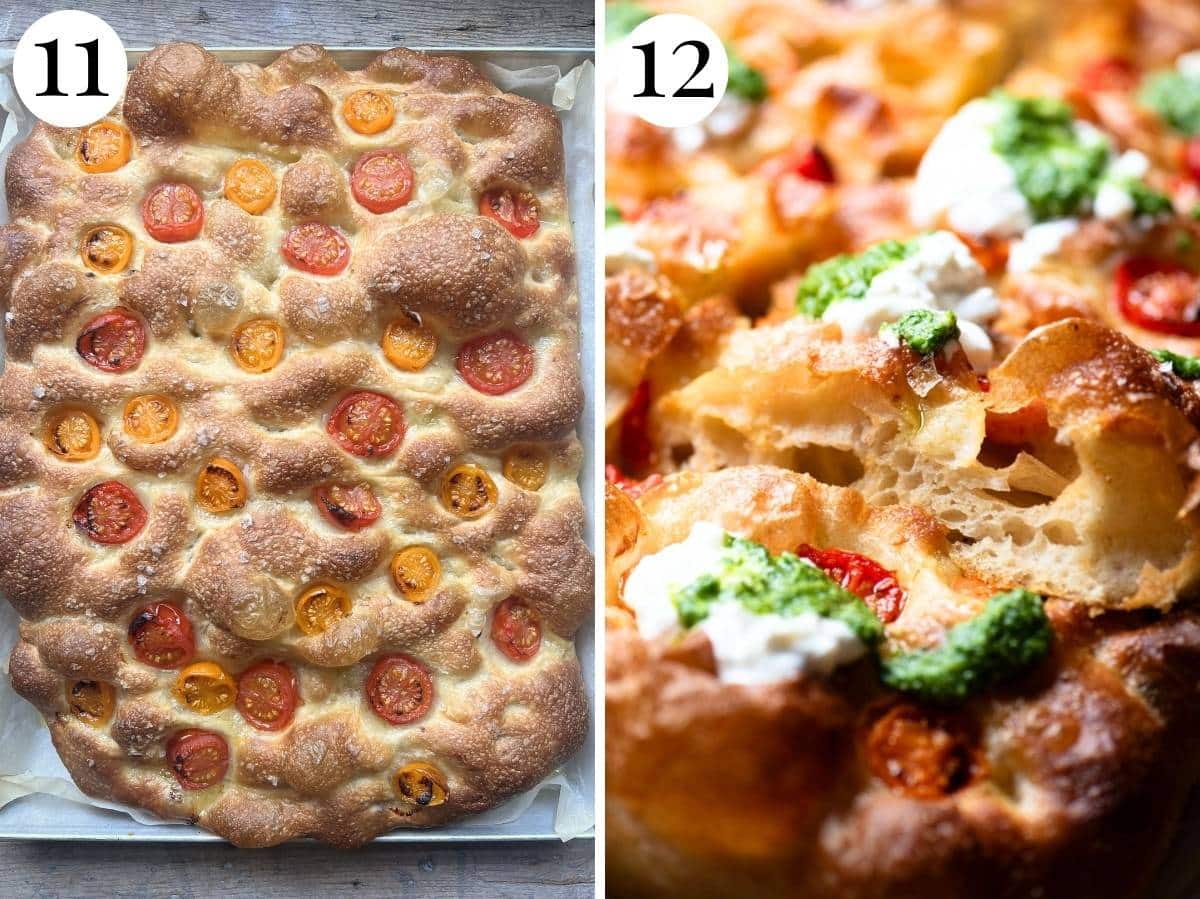 Two photos in a collage showing the focaccia after baking and topped with pesto and burrata.