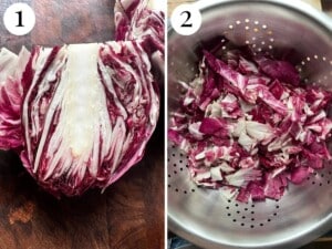 Two photos in a collage showing how to cut radicchio.