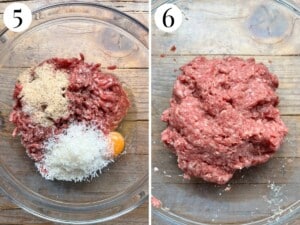 Two photos in a collage showing the beef mixture being mixed and what it should look like.