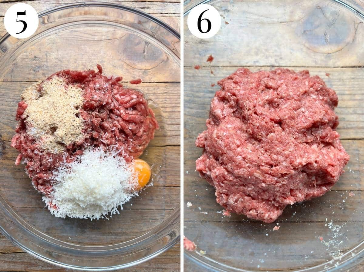 Two photos in a collage showing the beef mixture being mixed and what it should look like.