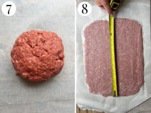 Two photos in a collage showing how to roll out the beef in between baking parchment.