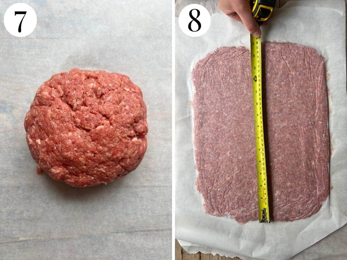 Two photos in a collage showing how to roll out the beef in between baking parchment.