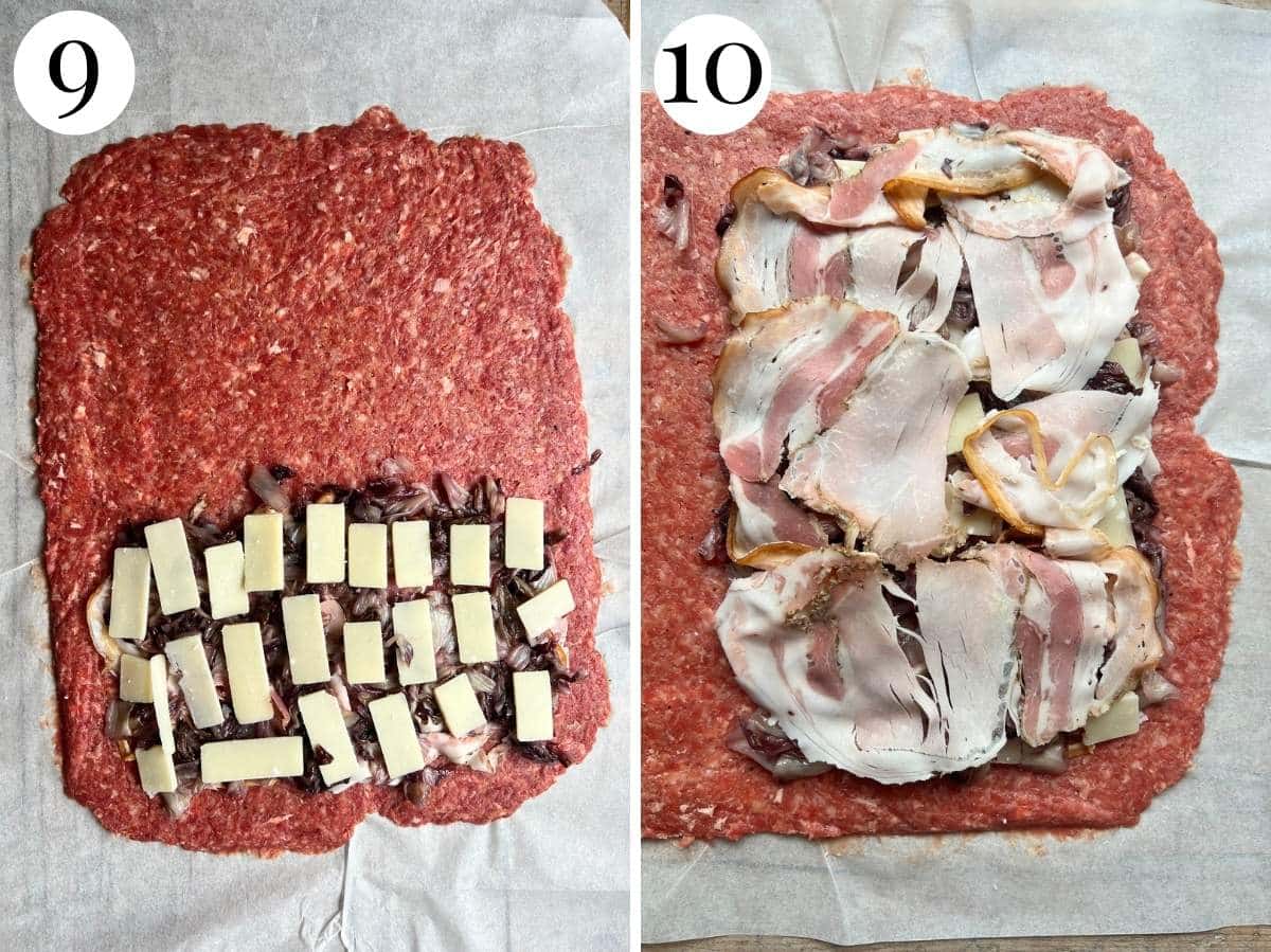 Two photos in a collage showing how to stuff the beef with radicchio, porchetta and parmigiano.