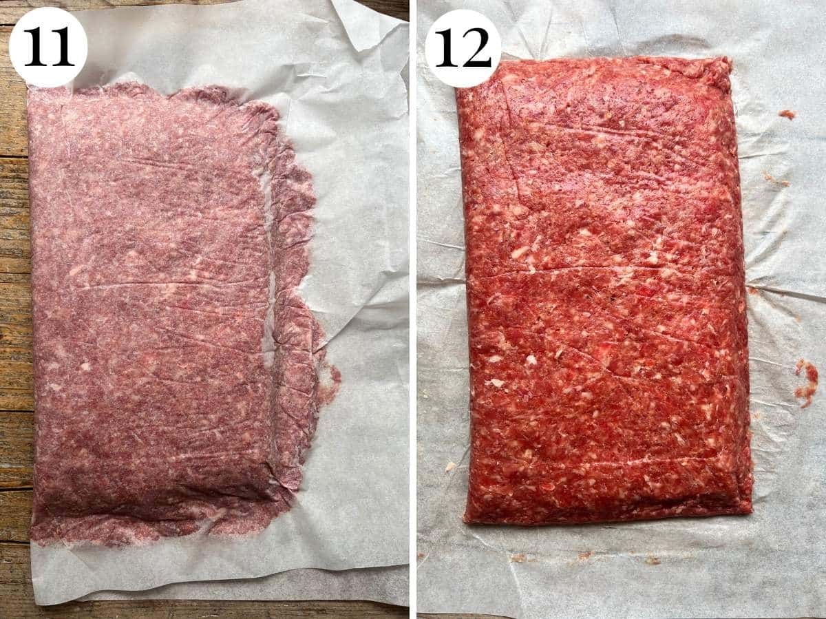 Two photos in a collage showing how to fold the beef over and how to seal it.