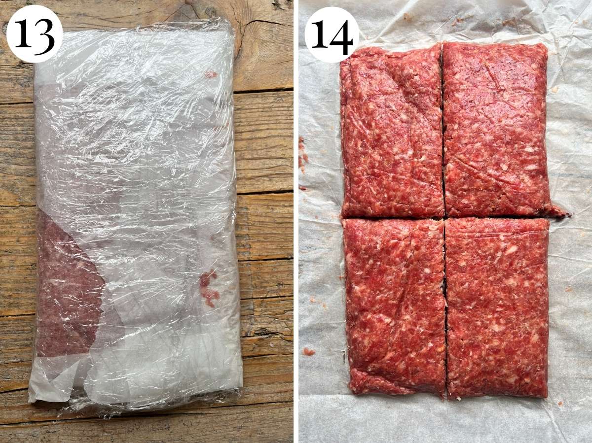 Two photos in a collage showing how to wrap the beef then slice it after chilling.