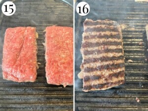 Two photos in a collage showing how to cook the beef on a griddle pan.