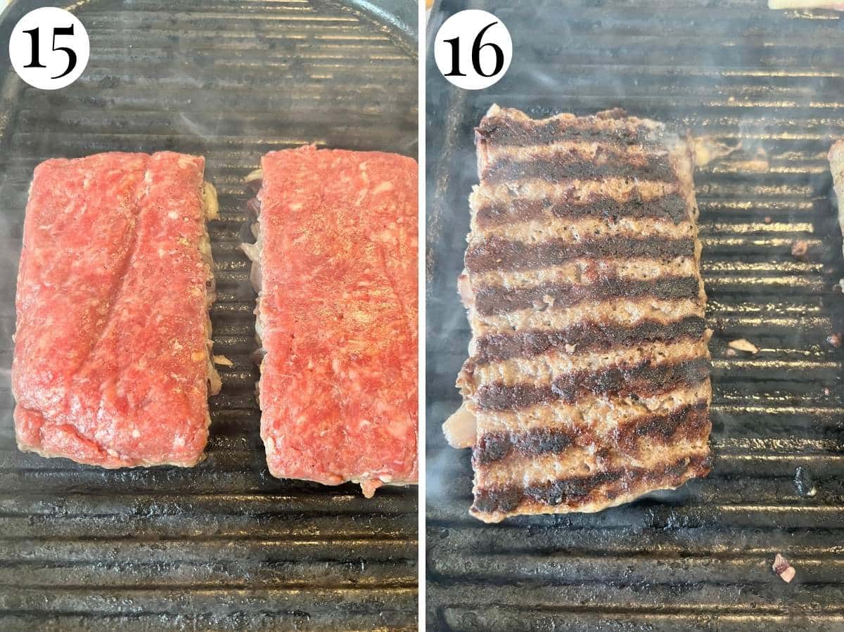 Two photos in a collage showing how to cook the beef on a griddle pan.