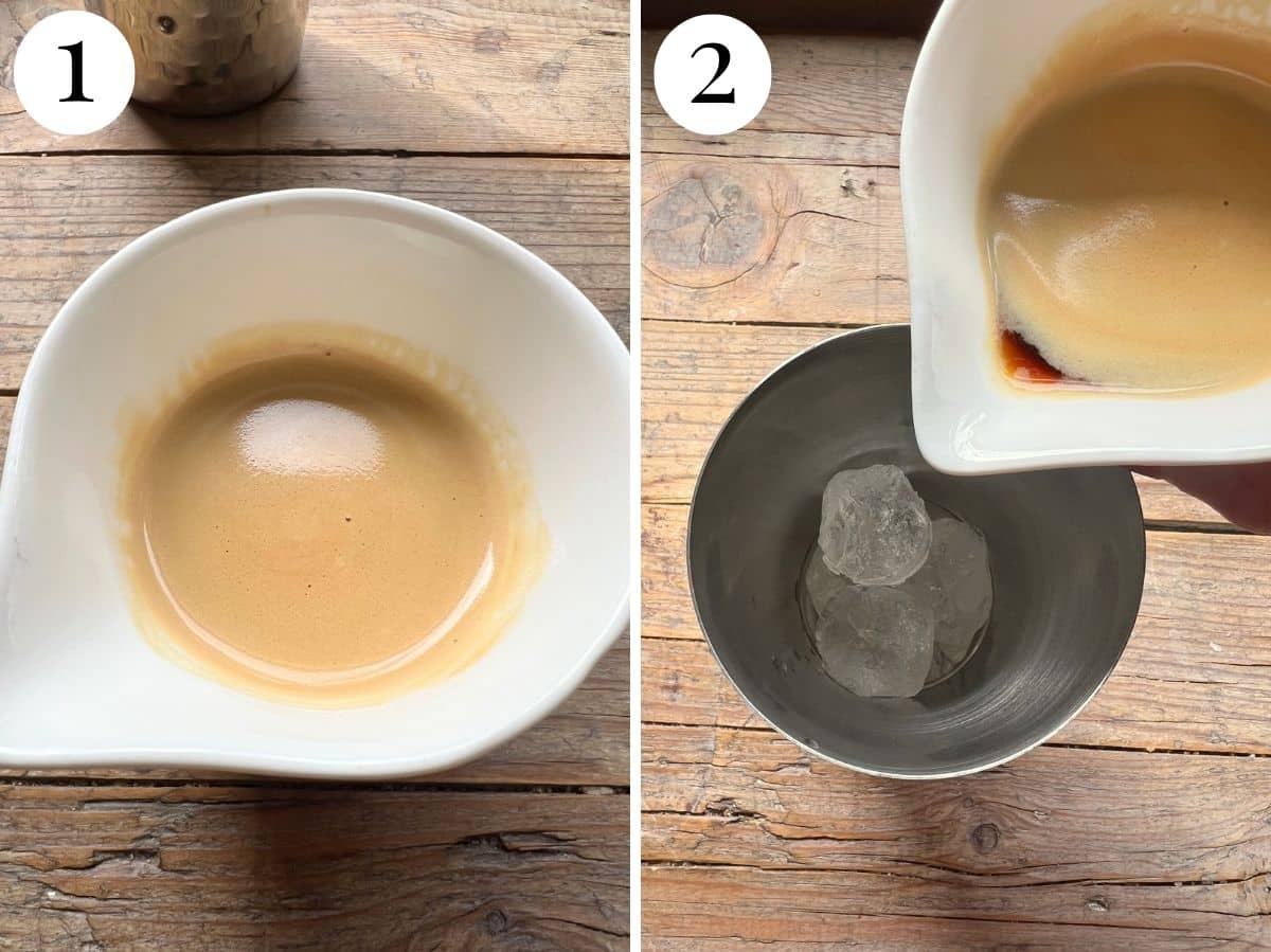 Two photos in a collage showing what a brewed espresso should look like with crema on top and pouring it into a cocktail shaker.
