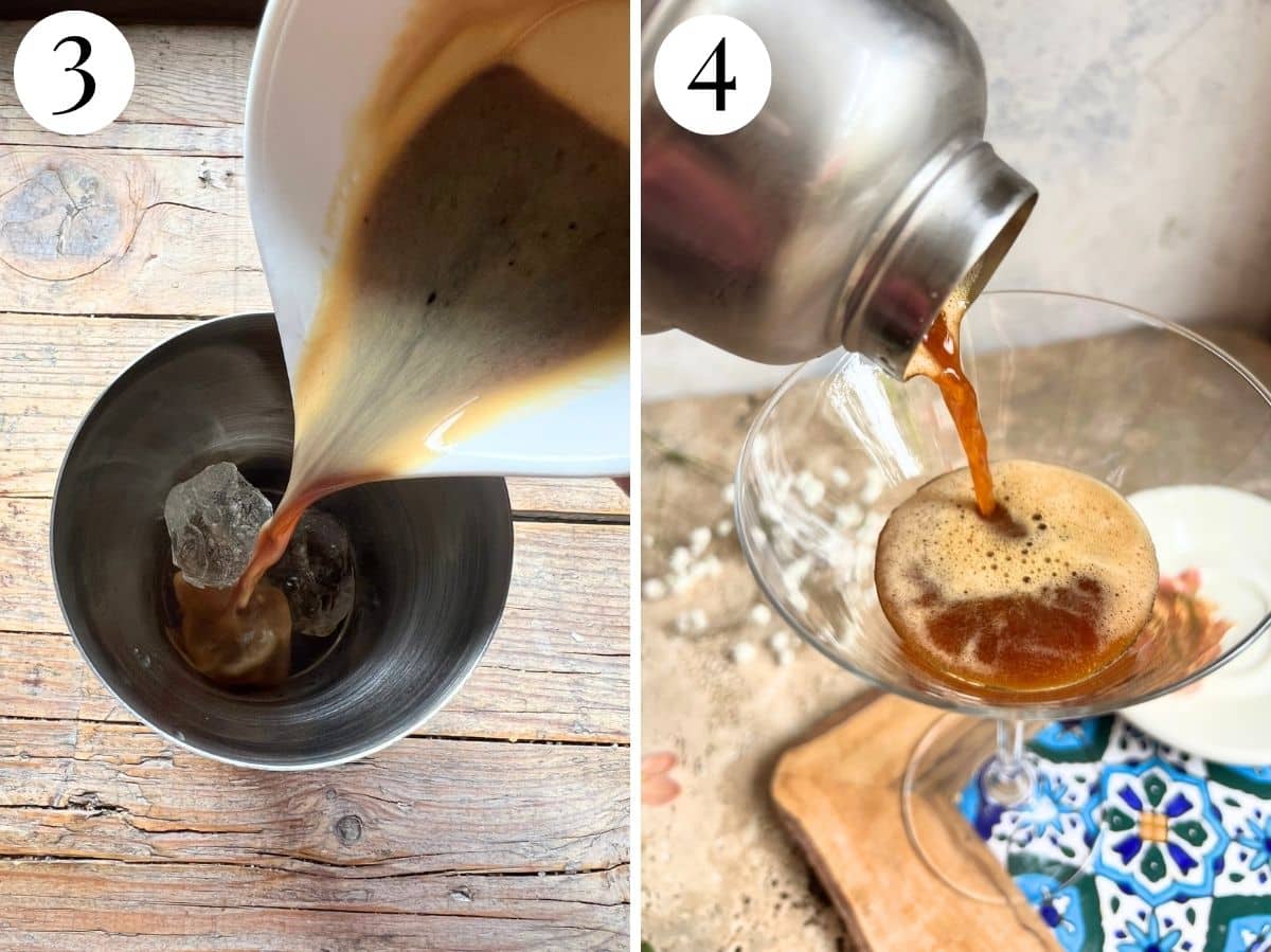 Two photos showing pouring the espresso in and out of a cocktail shaker.