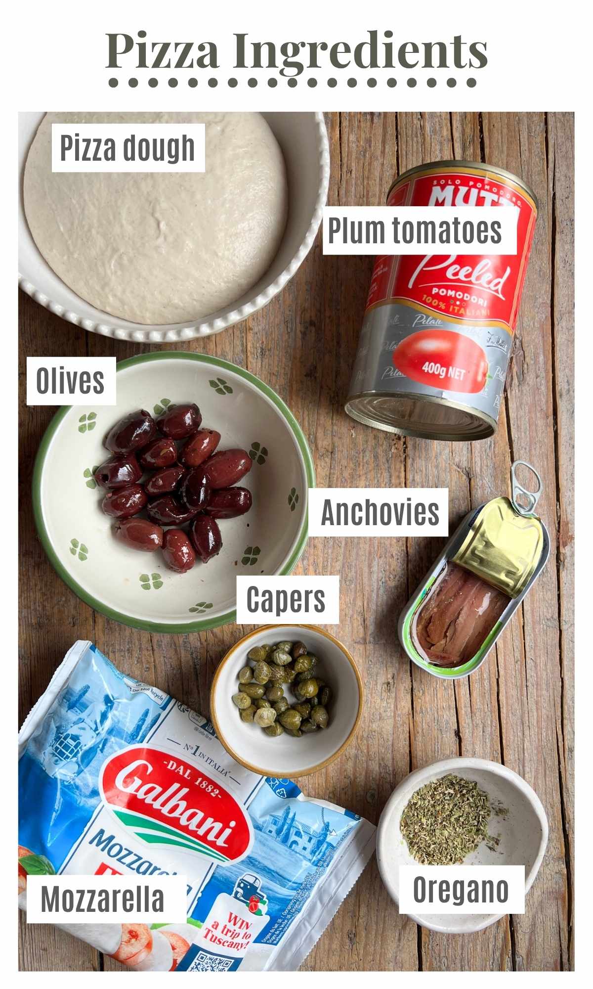 An overhead shot of pizza ingredients on a rustic wooden surface. The text labels read; pizza dough, plum tomatoes, olives, capers, anchovies, mozzarella and oregano.