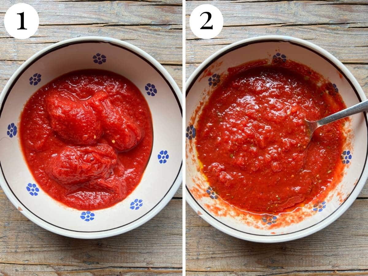 Two photos in a collage showing how to crush plum tomatoes and mix them with oregano, salt, pepper and olive oil.