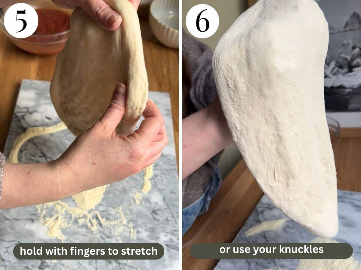 Two photos in a collage showing hwo to stretch out pizza dough.