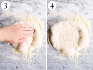 Two photos in a collage showing how to prepare pizza dough for stretching.