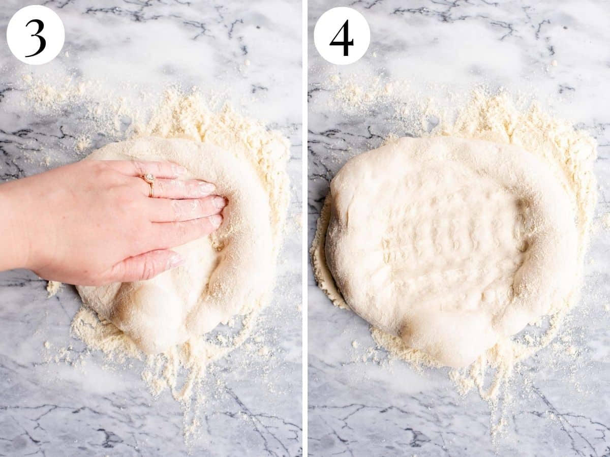 Two photos in a collage showing how to prepare pizza dough for stretching.
