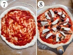 Two photos in a collage showing how to top a pizza with tomato sauce, olives, capers, anchovies, mozzarella and oregano.