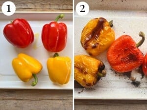 Two photos in a collage showing before and after roasted whole bell peppers.