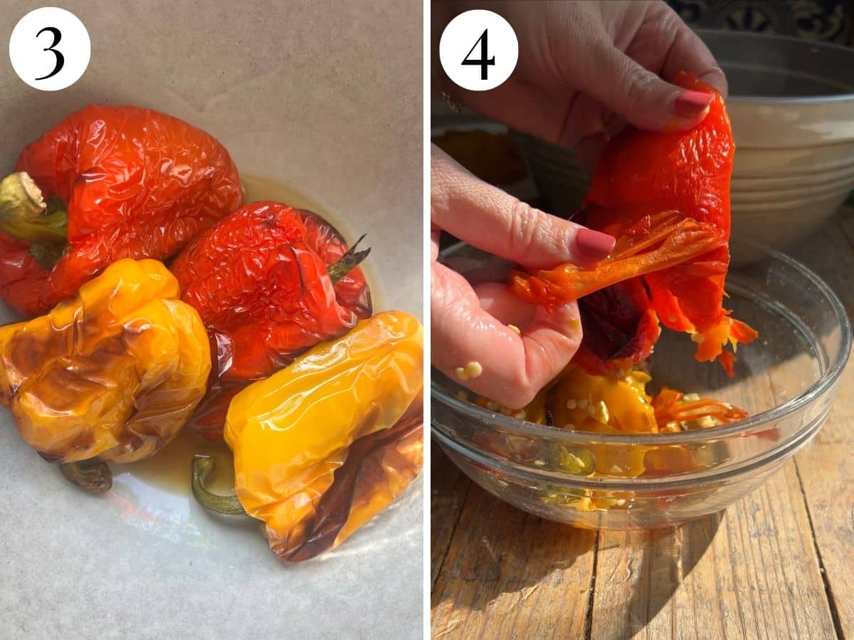 Two photos in a collage showing roasted peppers and how to peel the skins off.