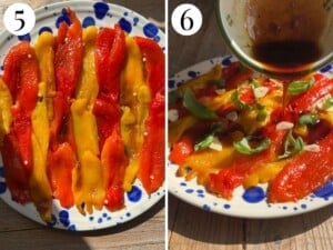 Two photos in a collage showing how to marinate roasted peppers.