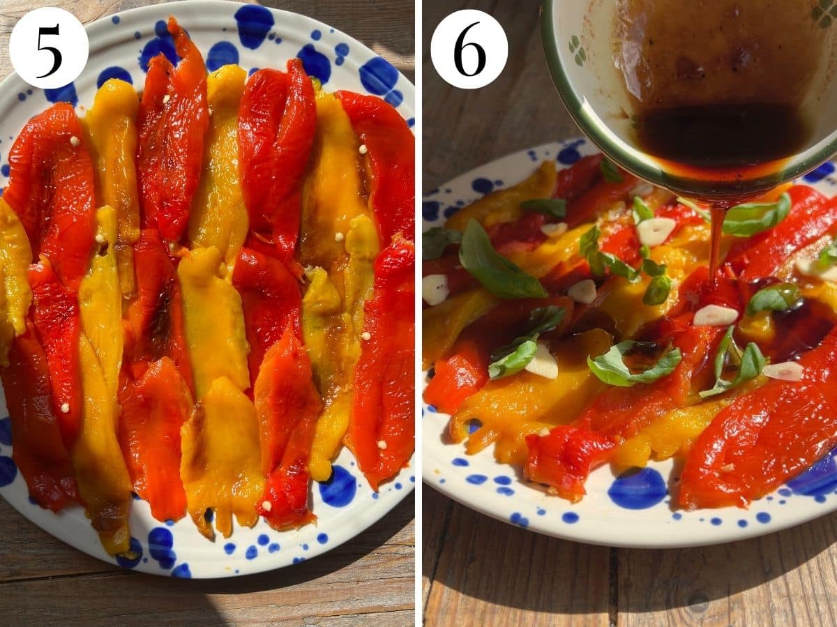 Two photos in a collage showing how to marinate roasted peppers.