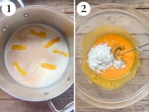 two photos showing how to heat milk with lemon and vanilla and mix sugar, egg yolks and cornstarch in a bowl.