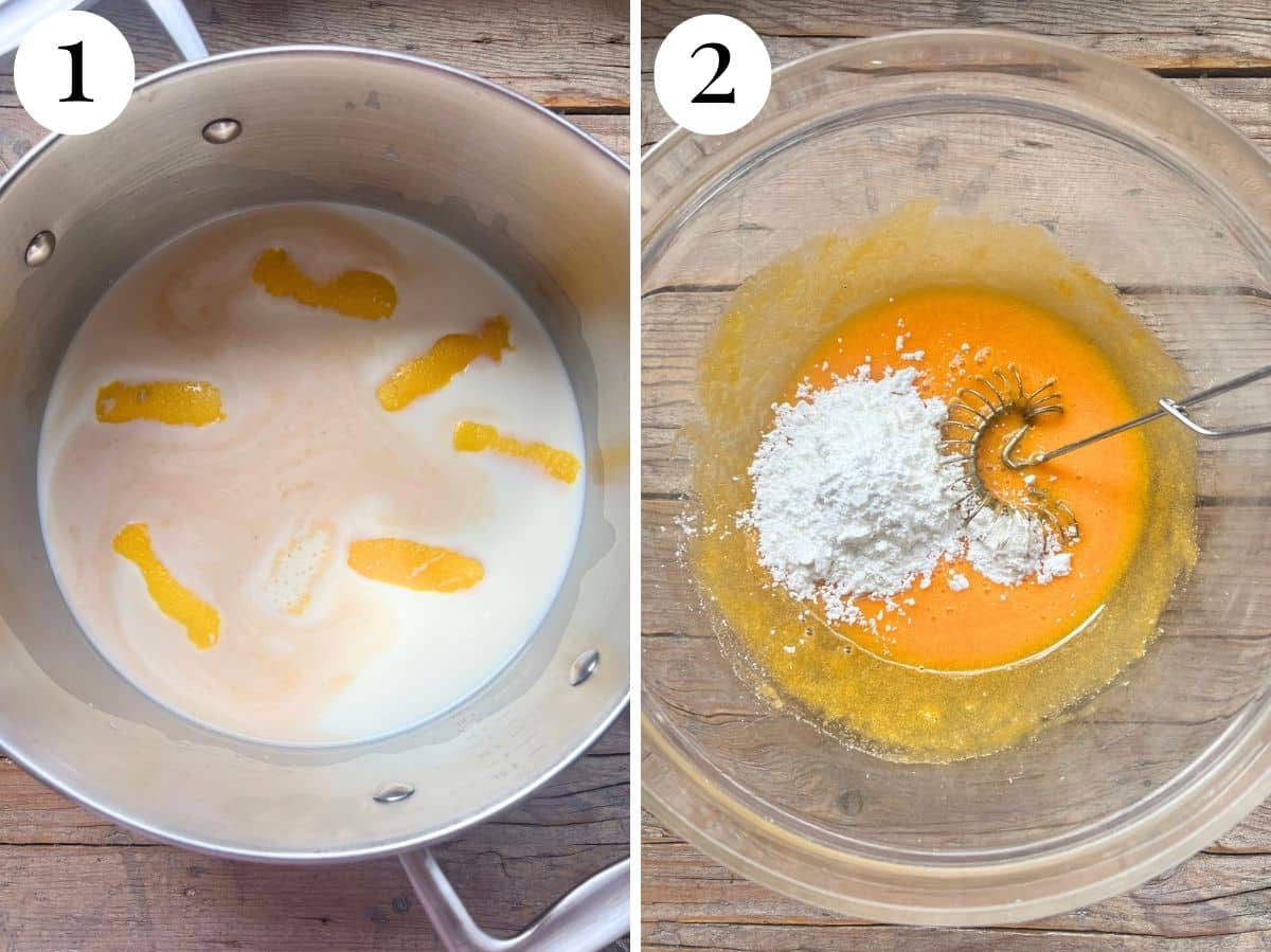 two photos showing how to heat milk with lemon and vanilla and mix sugar, egg yolks and cornstarch in a bowl.