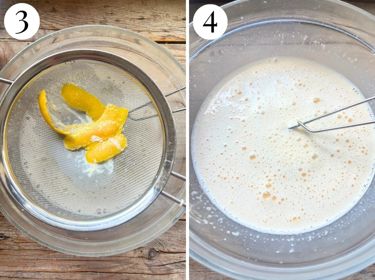 Two photos in a collage showing how to strain the lemon peel from the milk and how the mixture should look in the bowl.