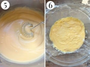 Two photos in a collage showing how thick pastry cream should look and how to cover it in a bowl with plastic wrap on top.