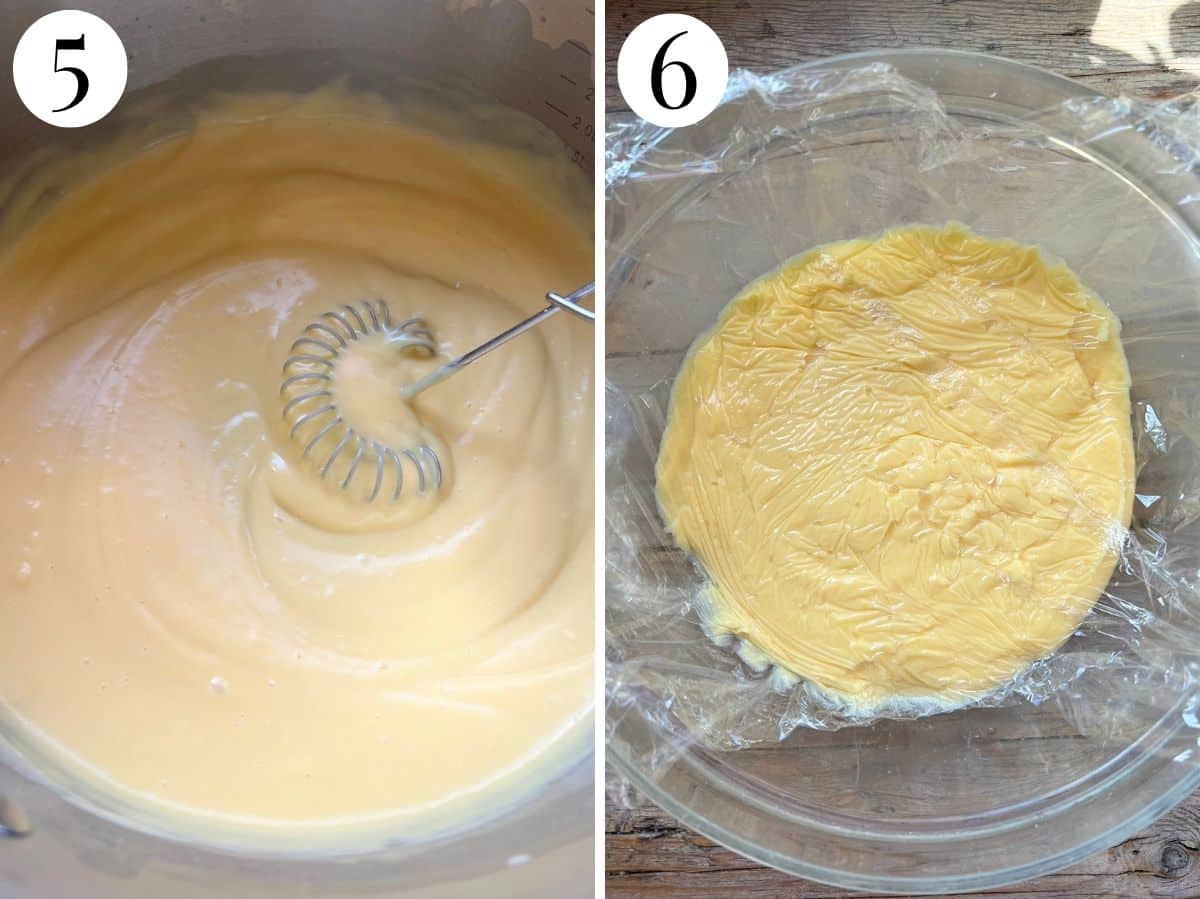 Two photos in a collage showing how thick pastry cream should look and how to cover it in a bowl with plastic wrap on top.