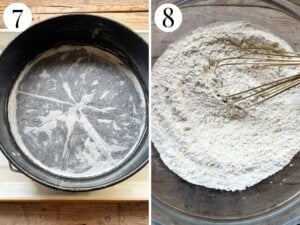 Two photos in a collage showing how to prepare a cake pan for torta nua and how to whisk flour in a bowl.