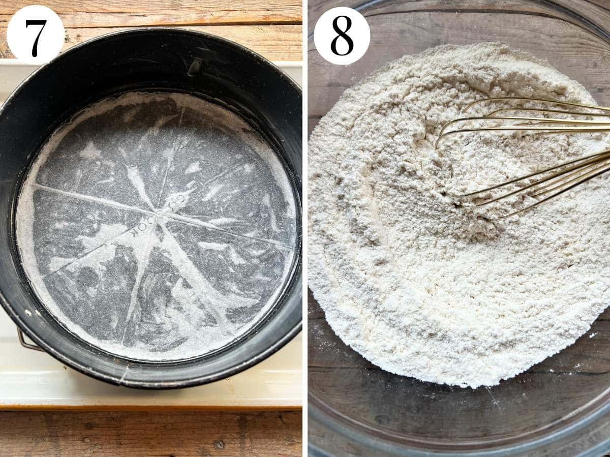 Two photos in a collage showing how to prepare a cake pan for torta nua and how to whisk flour in a bowl.