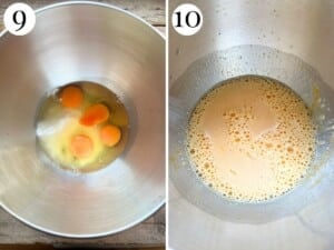 Two photos showing the before and after of mixing eggs, sugar and lemon zest in a mixer.
