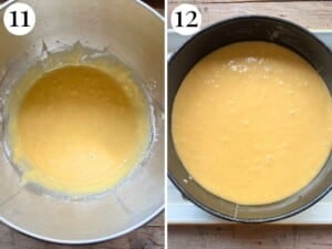 Two photos in a collage showing what the cake batter should look like once ready and in the cake pan.