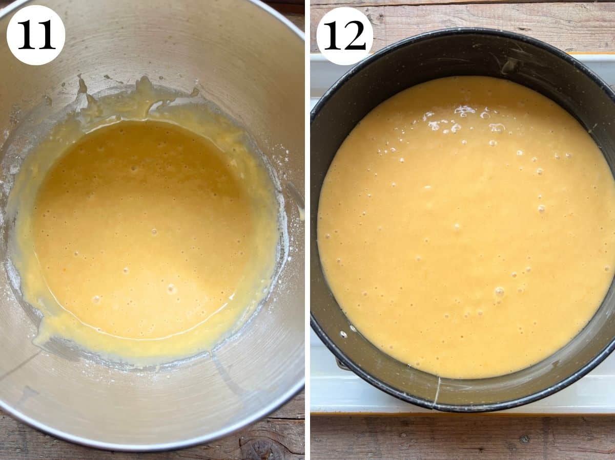 Two photos in a collage showing what the cake batter should look like once ready and in the cake pan.