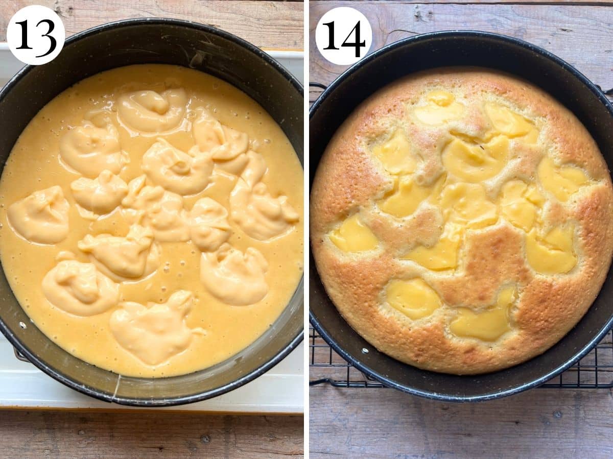 Two photos in a collage showing the before and after baking torta nua.