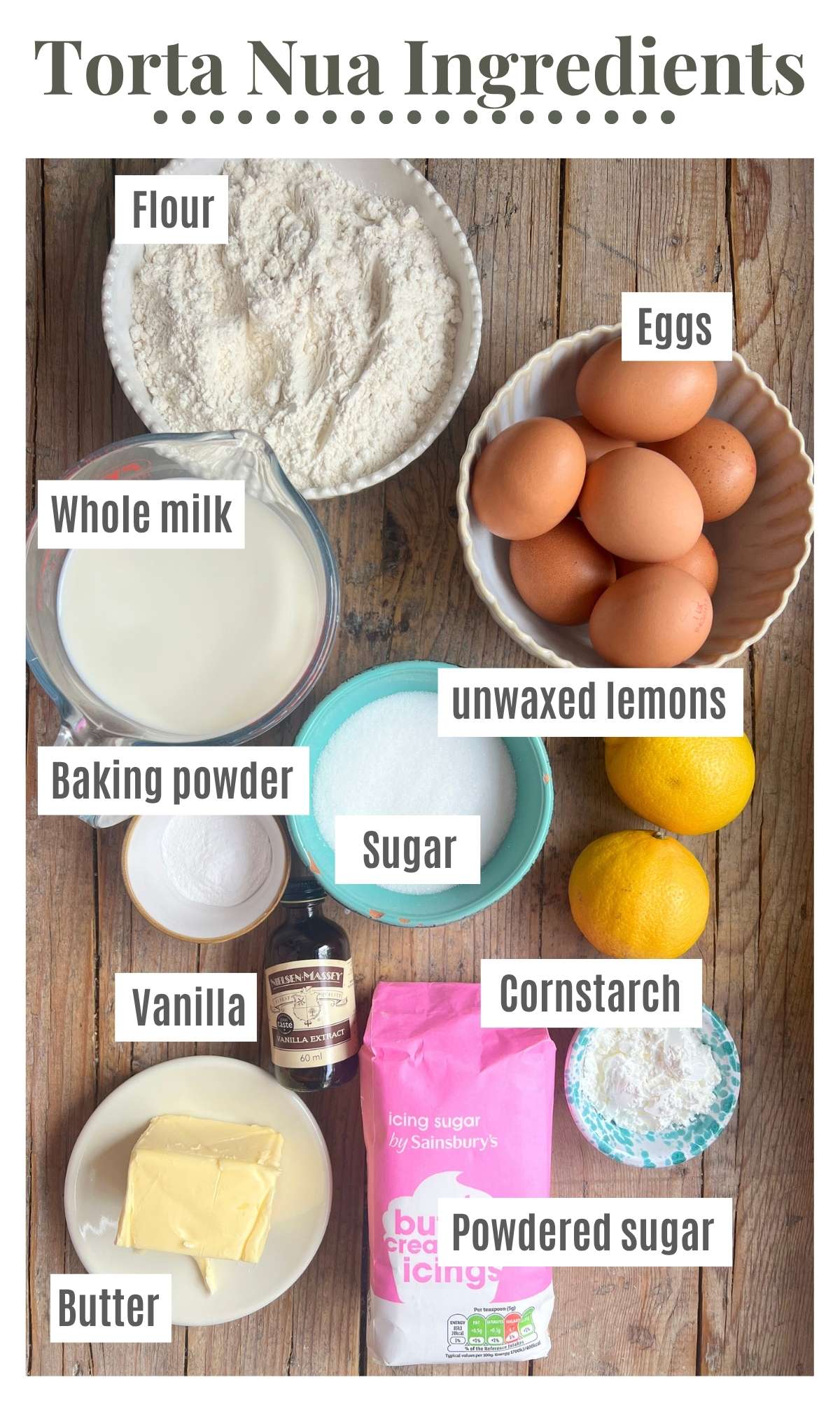 An overhead shot of all the ingredients needed to make a torta nua on a rustic wooden background.