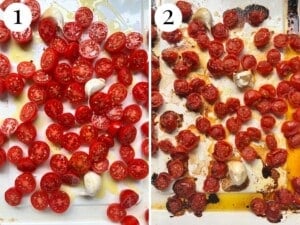 Two photos showing the before and after of roasted cherry tomatoes and garlic.