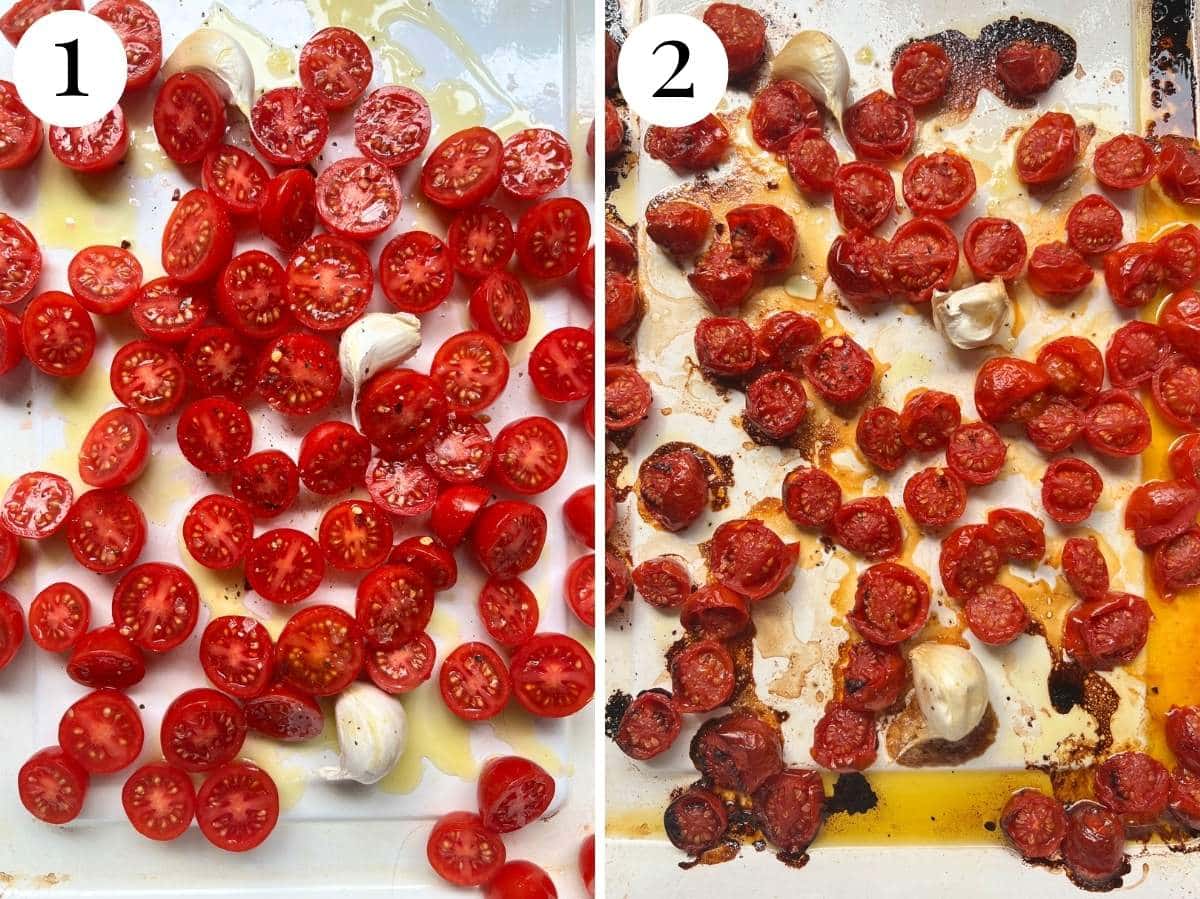 Two photos showing the before and after of roasted cherry tomatoes and garlic.