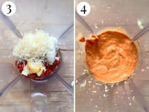 Two photos in a collage showing before and after blending roasted tomatoes, ricotta, garlic and parmigiano reggiano together.