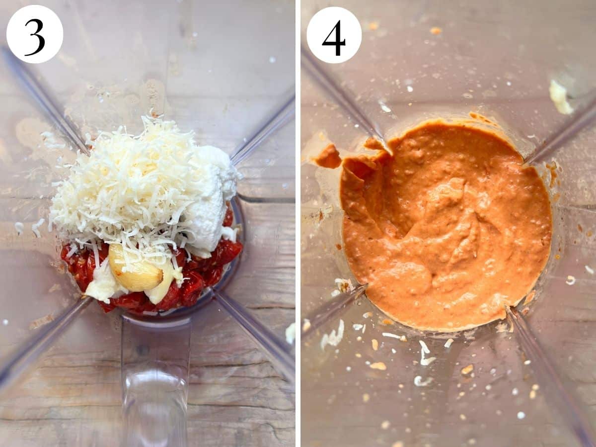 Two photos in a collage showing before and after blending roasted tomatoes, ricotta, garlic and parmigiano reggiano together.