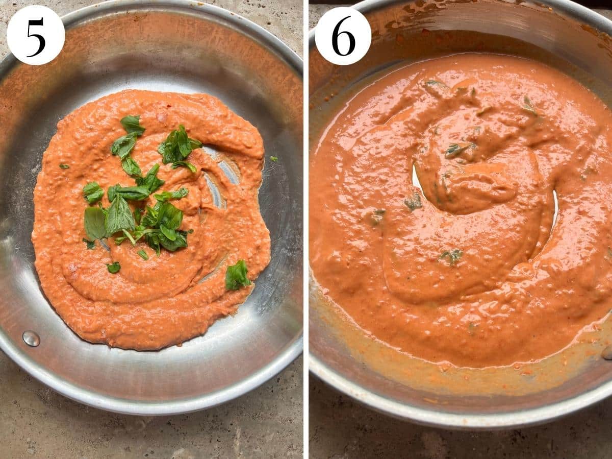 Two photos in a collage showing before and after emulsifying pasta sauce with pasta water.