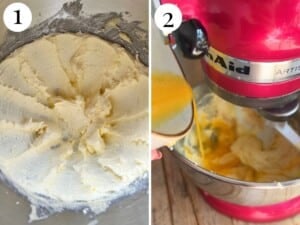 Two photos in a collage showing butter and sugar creamed together in a mixer and eggs being slowly added.