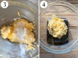 Two photos in a collage showing honey , baking powder and vanilla being added and the mixture on a kitchen scale.