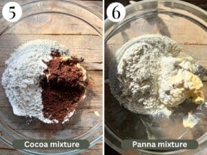 Two photos in a collage showing two separate cookies doughs in two bowls.
