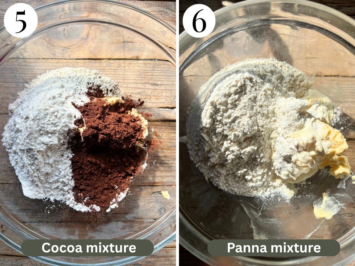 Two photos in a collage showing two separate cookies doughs in two bowls.